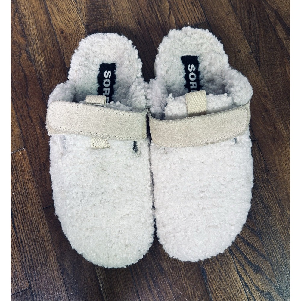 SOREL Viibe Faux Shearling Clogs cozy cream fleece upper Adjustable Strap 7.5 - Picture 4 of 8